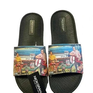 NICK GRAHAM NWT -Men’s slides Size 13. Style:Dane Happy Beach Print Fathers Day